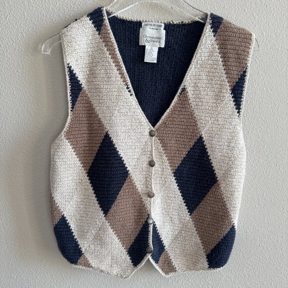 Vintage Hand Knitted Sweater Vest Argyle Diamond Check Grandpa Women's Medium - Picture 2 of 7